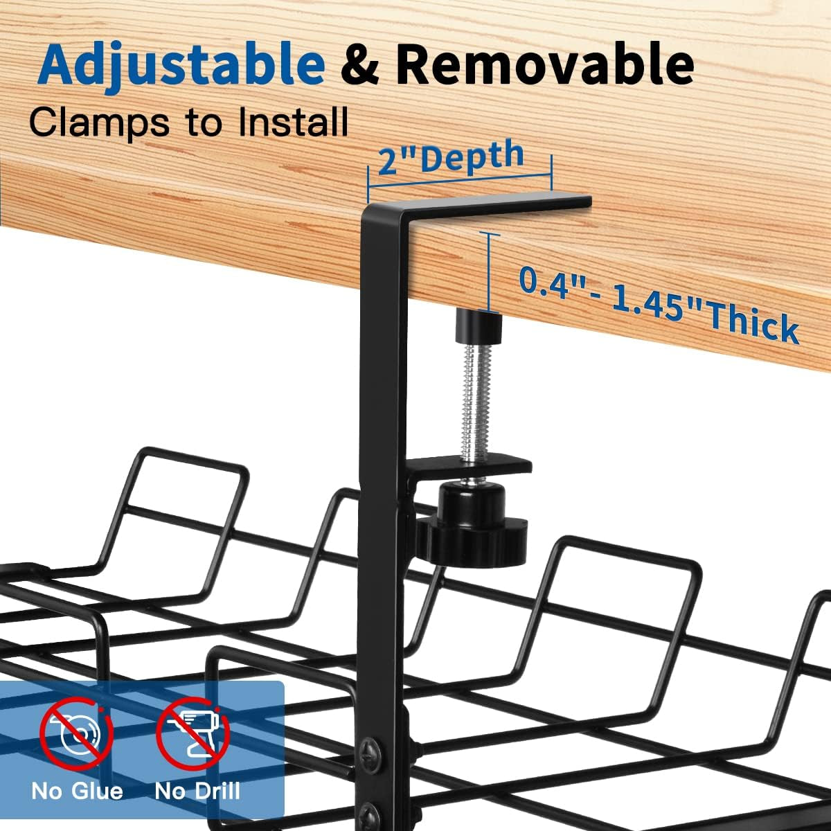 No Drill under Desk Cable/Wire Management Tray, 2 Pack Sturdy Alloy Steel Wire Organizer under Desk Basket for Office and Home Standing Desk