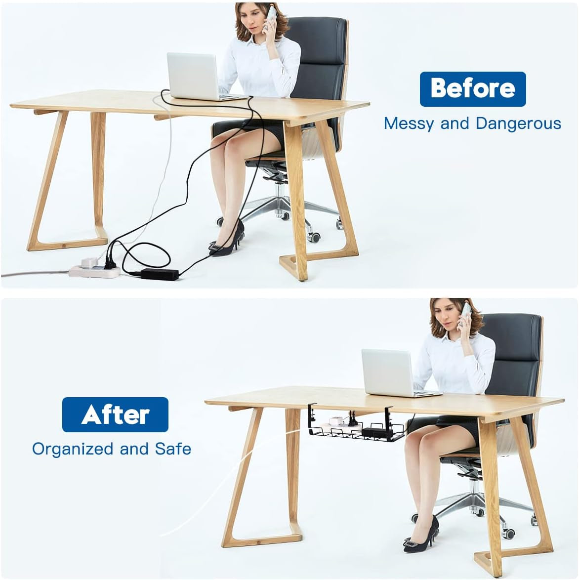 No Drill under Desk Cable/Wire Management Tray, 2 Pack Sturdy Alloy Steel Wire Organizer under Desk Basket for Office and Home Standing Desk