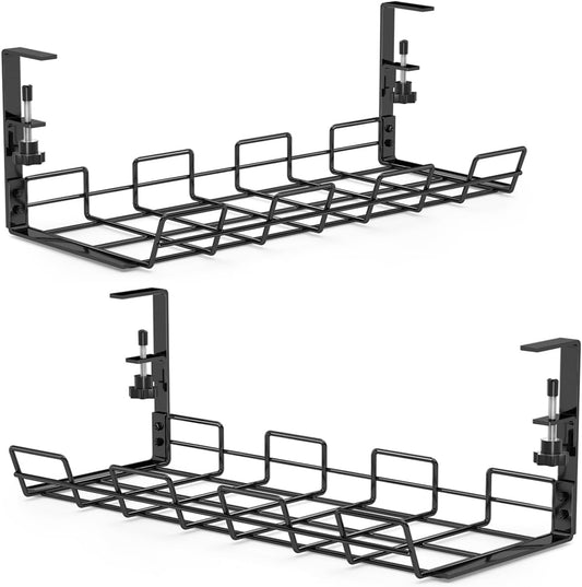 No Drill under Desk Cable/Wire Management Tray, 2 Pack Sturdy Alloy Steel Wire Organizer under Desk Basket for Office and Home Standing Desk